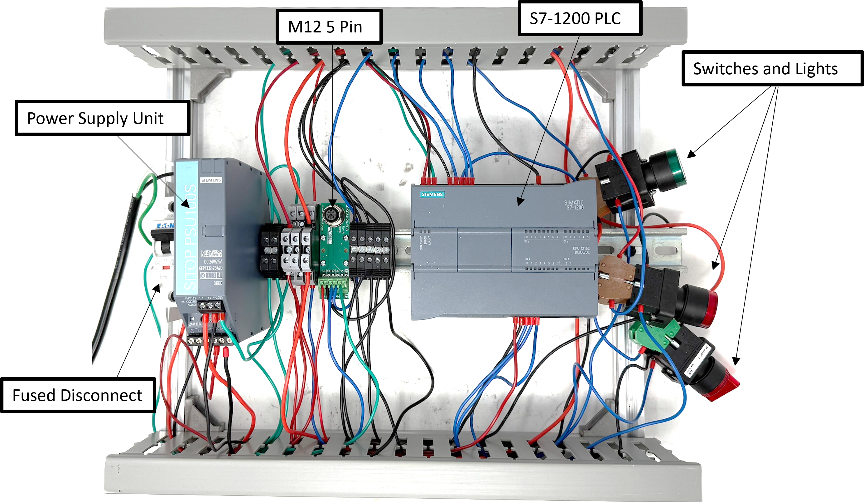 Test bench physical system with each component labeled